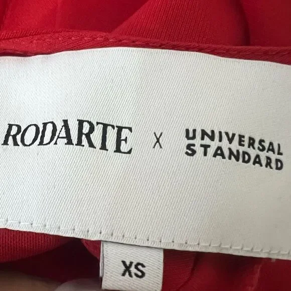 RODARTE X UNIVERSAL STANDARD dress Sz XS Red Ruched Tie Sleeve Ruffle midi - Picture 5 of 6